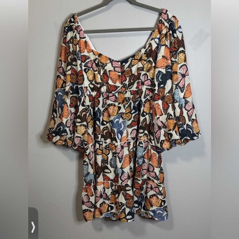 Show Me Your MuMu Butterfly Print Puff Sleeve Dress - White Multi
